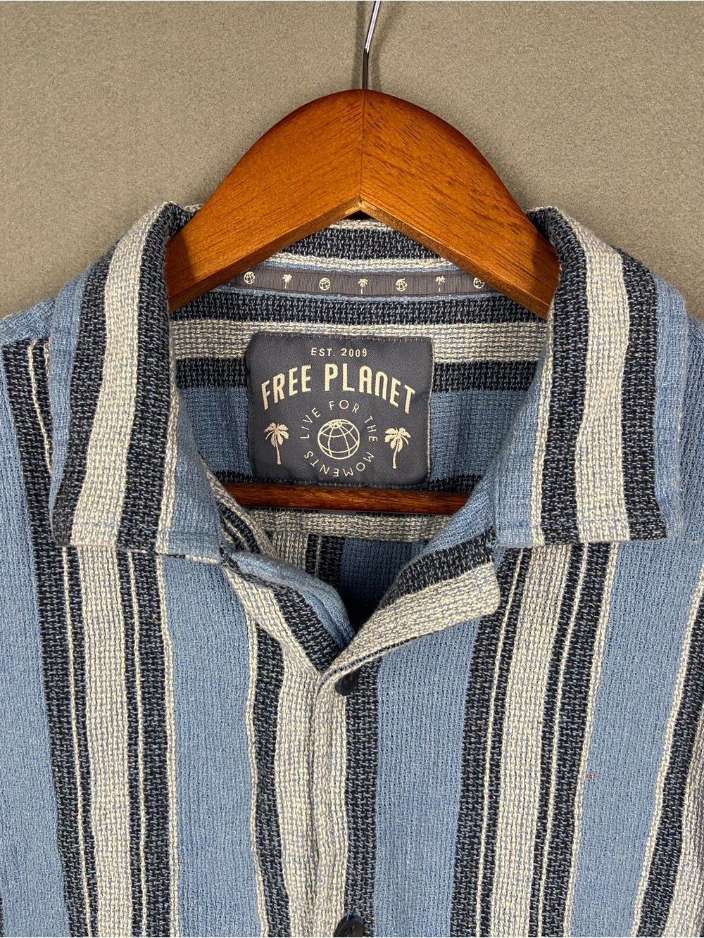 100% Cotton Free Planet Light Blue and Navy Striped Casual Button-Down Shirt